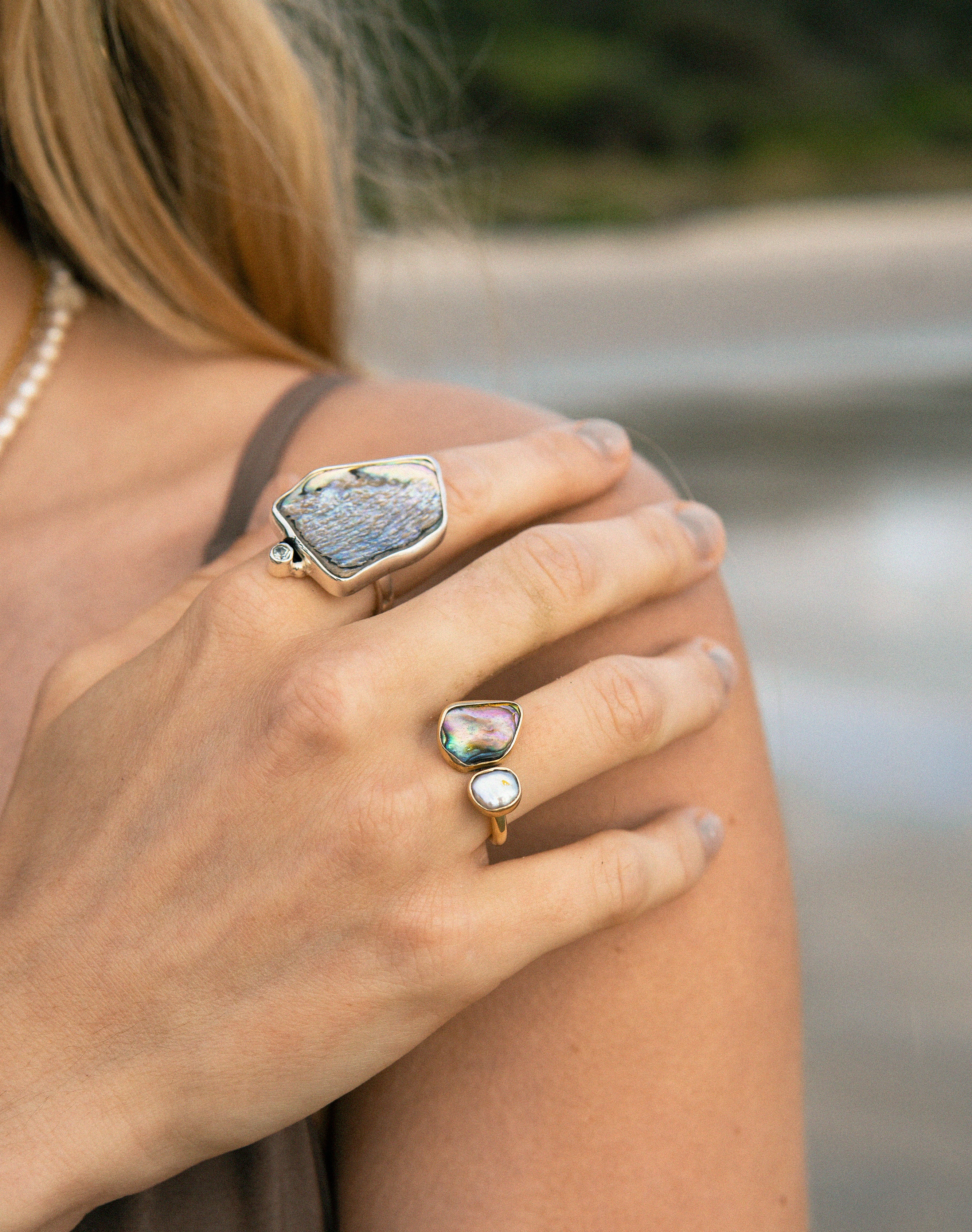 DROPLET RING: Paua Shell & Aquamarine