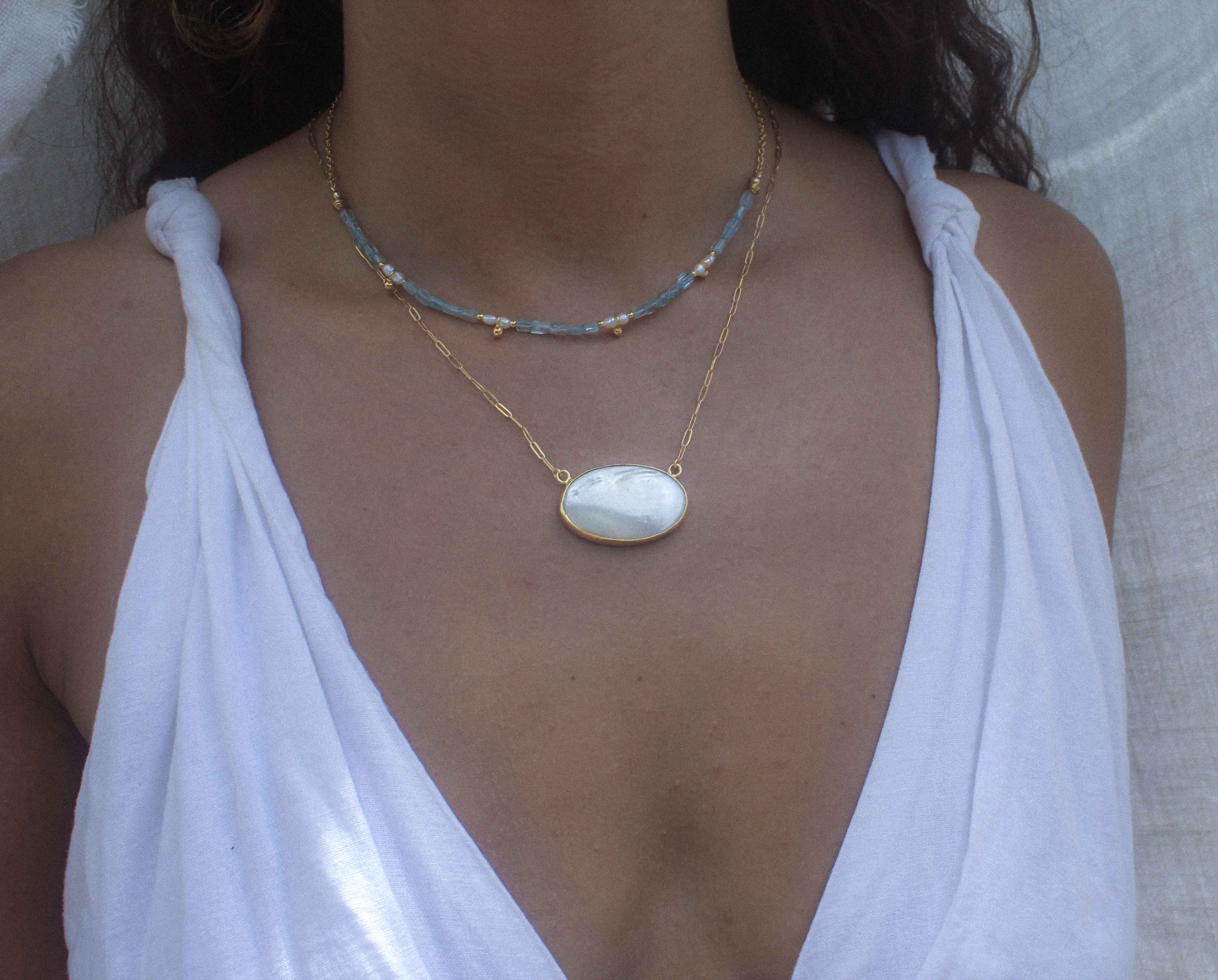 NAGINI NECKLACE: Aquamarine & Pearl -GOLD