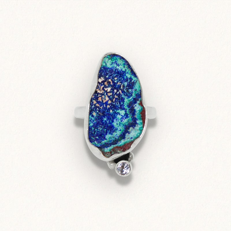 DROPLET RING: Raw Druzy Azurite & White Sapphire