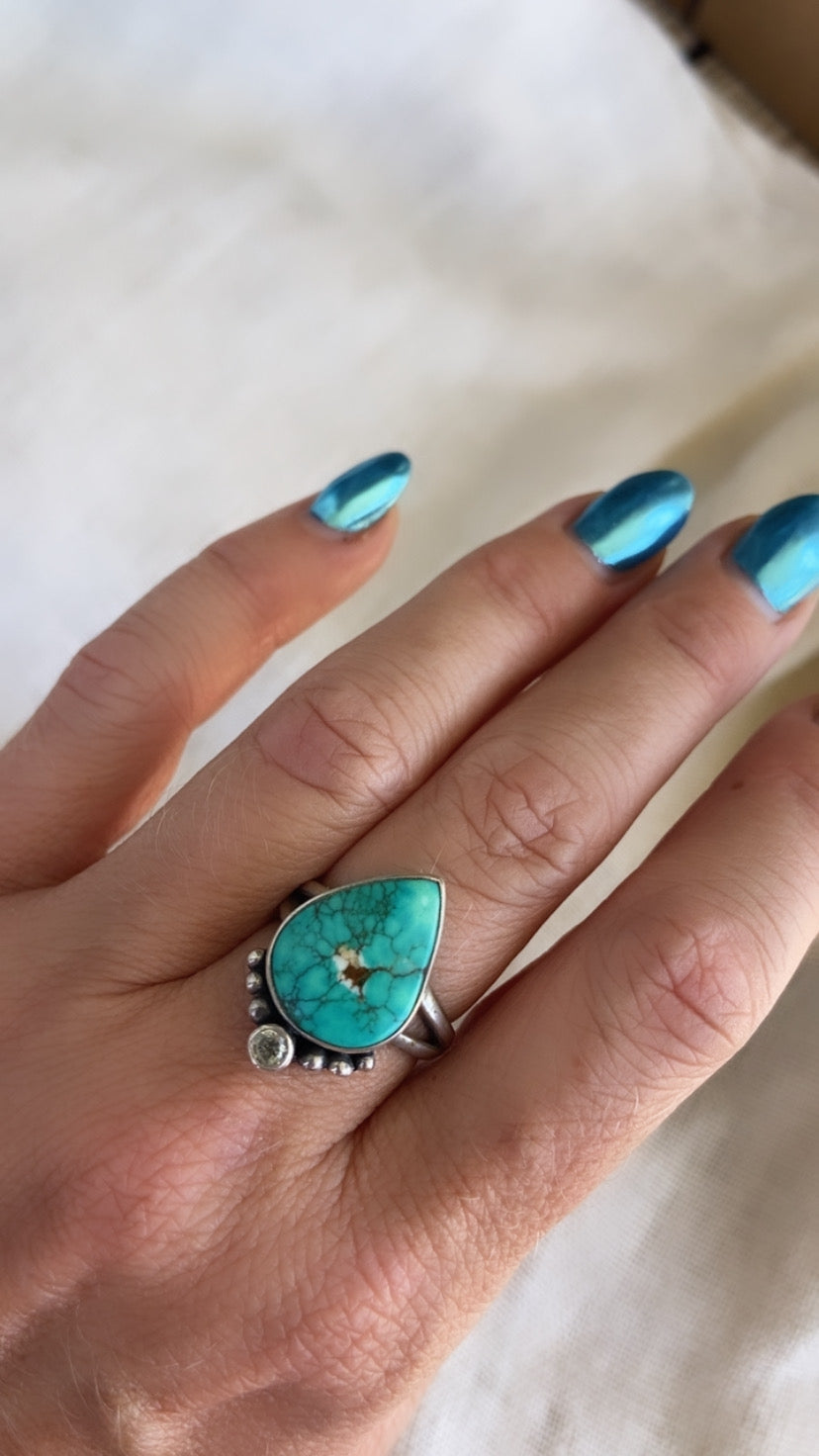 DROPLET RING: Tibetan Turquoise & White Sapphire