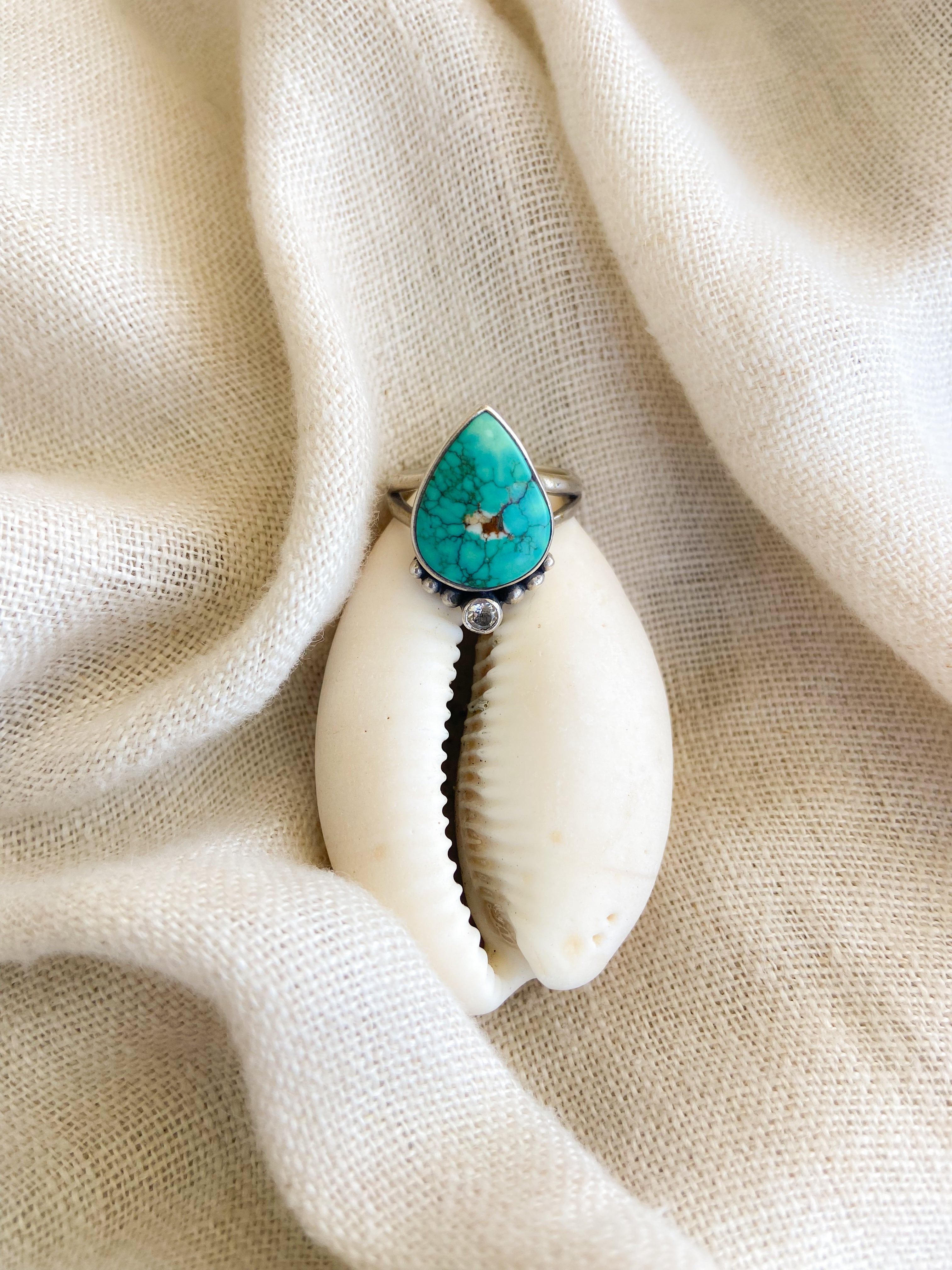 DROPLET RING: Tibetan Turquoise & White Sapphire