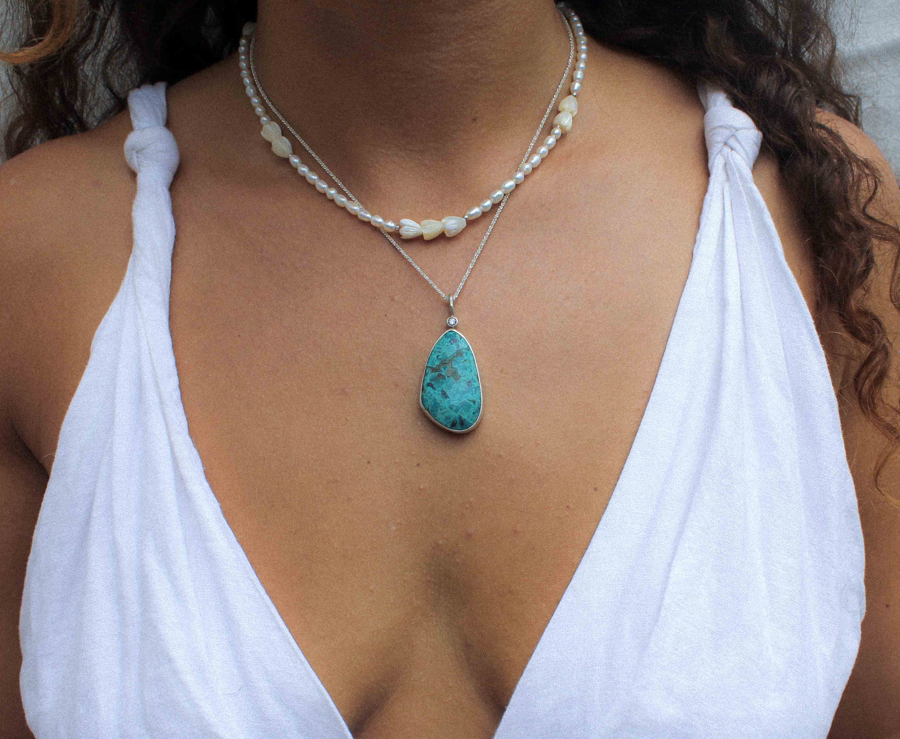 DROPLET NECKPIECE: Shattuckite Azurite & White Sapphire